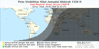 HilalMap: Peta Visibilitas Hilal Jumadal-Akhirah 1326 H: rukyat tanggal 1908-6-28 M