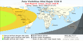 HilalMap: Peta Visibilitas Hilal Rajab 1326 H: rukyat tanggal 1908-7-28 M