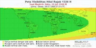 HilalMap: Peta Visibilitas Hilal Rajab 1326 H: rukyat tanggal 1908-7-29 M
