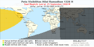 HilalMap: Peta Visibilitas Hilal Ramadhan 1326 H: rukyat tanggal 1908-9-25 M