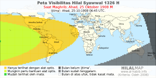 HilalMap: Peta Visibilitas Hilal Syawwal 1326 H: rukyat tanggal 1908-10-25 M