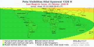 HilalMap: Peta Visibilitas Hilal Syawwal 1326 H: rukyat tanggal 1908-10-26 M