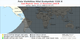 HilalMap: Peta Visibilitas Hilal Dzulqaidah 1326 H: rukyat tanggal 1908-11-23 M