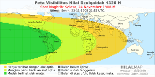 HilalMap: Peta Visibilitas Hilal Dzulqaidah 1326 H: rukyat tanggal 1908-11-24 M