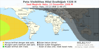 HilalMap: Peta Visibilitas Hilal Dzulhijjah 1326 H: rukyat tanggal 1908-12-23 M