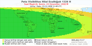 HilalMap: Peta Visibilitas Hilal Dzulhijjah 1326 H: rukyat tanggal 1908-12-24 M