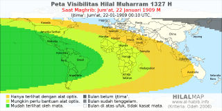 HilalMap: Peta Visibilitas Hilal Muharram 1327 H: rukyat tanggal 1909-1-22 M
