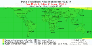 HilalMap: Peta Visibilitas Hilal Muharram 1327 H: rukyat tanggal 1909-1-23 M