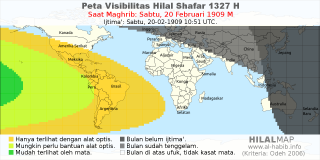 HilalMap: Peta Visibilitas Hilal Shafar 1327 H: rukyat tanggal 1909-2-20 M