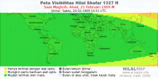 HilalMap: Peta Visibilitas Hilal Shafar 1327 H: rukyat tanggal 1909-2-21 M