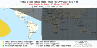 HilalMap: Peta Visibilitas Hilal Rabiul-Awwal 1327 H: rukyat tanggal 1909-3-21 M