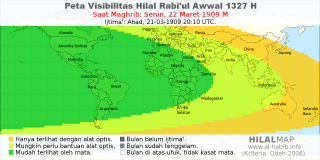 HilalMap: Peta Visibilitas Hilal Rabiul-Awwal 1327 H: rukyat tanggal 1909-3-22 M