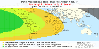 HilalMap: Peta Visibilitas Hilal Rabiul-Akhir 1327 H: rukyat tanggal 1909-4-20 M