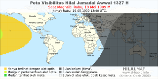 HilalMap: Peta Visibilitas Hilal Jumadal-Awwal 1327 H: rukyat tanggal 1909-5-19 M