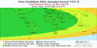 HilalMap: Peta Visibilitas Hilal Jumadal-Awwal 1327 H: rukyat tanggal 1909-5-20 M