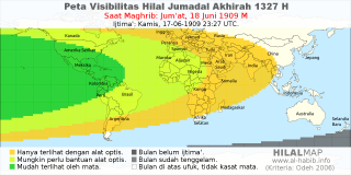 HilalMap: Peta Visibilitas Hilal Jumadal-Akhirah 1327 H: rukyat tanggal 1909-6-18 M