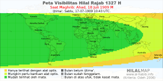 HilalMap: Peta Visibilitas Hilal Rajab 1327 H: rukyat tanggal 1909-7-18 M