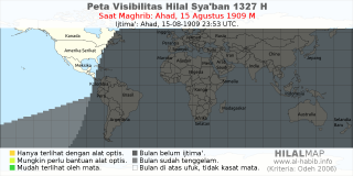 HilalMap: Peta Visibilitas Hilal Syaban 1327 H: rukyat tanggal 1909-8-15 M