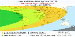 HilalMap: Peta Visibilitas Hilal Syaban 1327 H: rukyat tanggal 1909-8-16 M