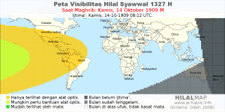 HilalMap: Peta Visibilitas Hilal Syawwal 1327 H: rukyat tanggal 1909-10-14 M