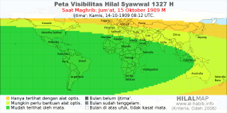 HilalMap: Peta Visibilitas Hilal Syawwal 1327 H: rukyat tanggal 1909-10-15 M