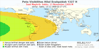 HilalMap: Peta Visibilitas Hilal Dzulqaidah 1327 H: rukyat tanggal 1909-11-13 M