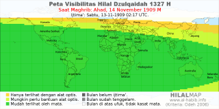 HilalMap: Peta Visibilitas Hilal Dzulqaidah 1327 H: rukyat tanggal 1909-11-14 M