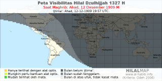 HilalMap: Peta Visibilitas Hilal Dzulhijjah 1327 H: rukyat tanggal 1909-12-12 M