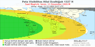 HilalMap: Peta Visibilitas Hilal Dzulhijjah 1327 H: rukyat tanggal 1909-12-13 M