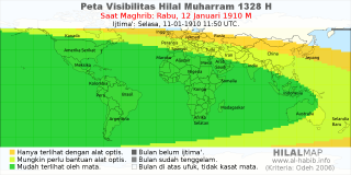 HilalMap: Peta Visibilitas Hilal Muharram 1328 H: rukyat tanggal 1910-1-12 M