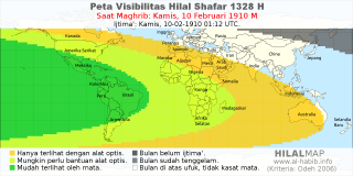 HilalMap: Peta Visibilitas Hilal Shafar 1328 H: rukyat tanggal 1910-2-10 M