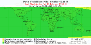 HilalMap: Peta Visibilitas Hilal Shafar 1328 H: rukyat tanggal 1910-2-11 M