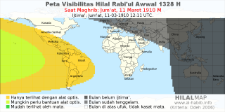 HilalMap: Peta Visibilitas Hilal Rabiul-Awwal 1328 H: rukyat tanggal 1910-3-11 M