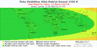 HilalMap: Peta Visibilitas Hilal Rabiul-Awwal 1328 H: rukyat tanggal 1910-3-12 M