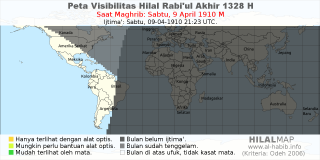 HilalMap: Peta Visibilitas Hilal Rabiul-Akhir 1328 H: rukyat tanggal 1910-4-9 M