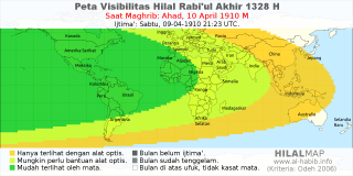 HilalMap: Peta Visibilitas Hilal Rabiul-Akhir 1328 H: rukyat tanggal 1910-4-10 M