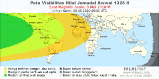 HilalMap: Peta Visibilitas Hilal Jumadal-Awwal 1328 H: rukyat tanggal 1910-5-9 M