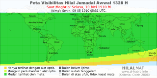 HilalMap: Peta Visibilitas Hilal Jumadal-Awwal 1328 H: rukyat tanggal 1910-5-10 M