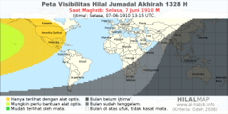 HilalMap: Peta Visibilitas Hilal Jumadal-Akhirah 1328 H: rukyat tanggal 1910-6-7 M