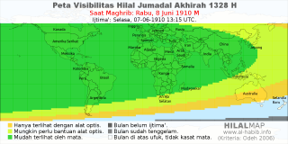 HilalMap: Peta Visibilitas Hilal Jumadal-Akhirah 1328 H: rukyat tanggal 1910-6-8 M