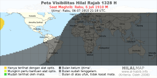 HilalMap: Peta Visibilitas Hilal Rajab 1328 H: rukyat tanggal 1910-7-6 M