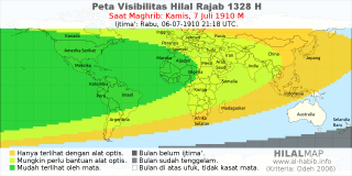 HilalMap: Peta Visibilitas Hilal Rajab 1328 H: rukyat tanggal 1910-7-7 M