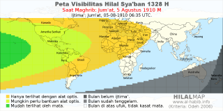 HilalMap: Peta Visibilitas Hilal Syaban 1328 H: rukyat tanggal 1910-8-5 M
