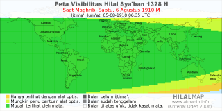 HilalMap: Peta Visibilitas Hilal Syaban 1328 H: rukyat tanggal 1910-8-6 M