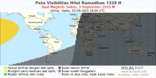 HilalMap: Peta Visibilitas Hilal Ramadhan 1328 H: rukyat tanggal 1910-9-3 M
