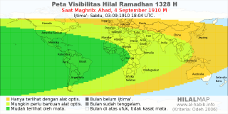 HilalMap: Peta Visibilitas Hilal Ramadhan 1328 H: rukyat tanggal 1910-9-4 M