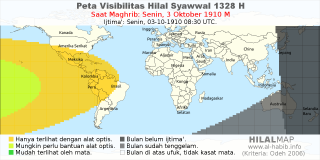 HilalMap: Peta Visibilitas Hilal Syawwal 1328 H: rukyat tanggal 1910-10-3 M