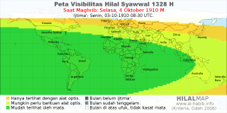 HilalMap: Peta Visibilitas Hilal Syawwal 1328 H: rukyat tanggal 1910-10-4 M