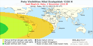 HilalMap: Peta Visibilitas Hilal Dzulqaidah 1328 H: rukyat tanggal 1910-11-2 M