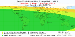 HilalMap: Peta Visibilitas Hilal Dzulqaidah 1328 H: rukyat tanggal 1910-11-3 M